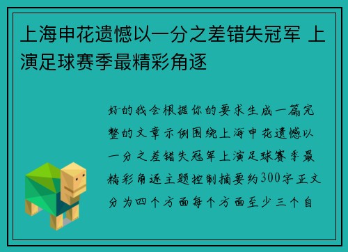 上海申花遗憾以一分之差错失冠军 上演足球赛季最精彩角逐