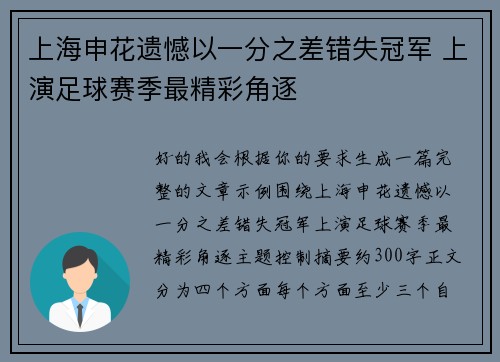 上海申花遗憾以一分之差错失冠军 上演足球赛季最精彩角逐 上海申花遗憾以一分之差错失冠军 上演足球赛季最精彩角逐