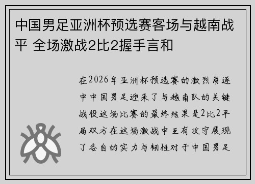 中国男足亚洲杯预选赛客场与越南战平 全场激战2比2握手言和